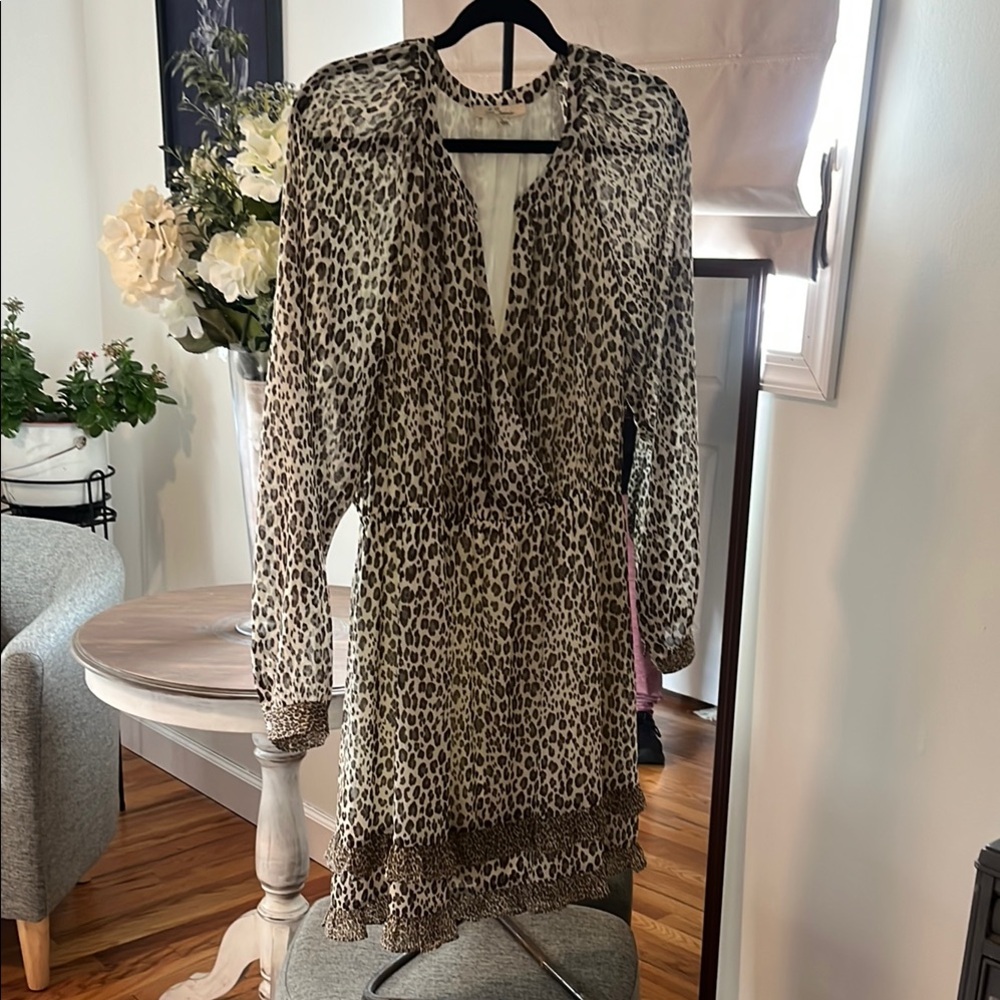 Tan Sheath Dress with Plunge Neckline and Bishop Sleeves